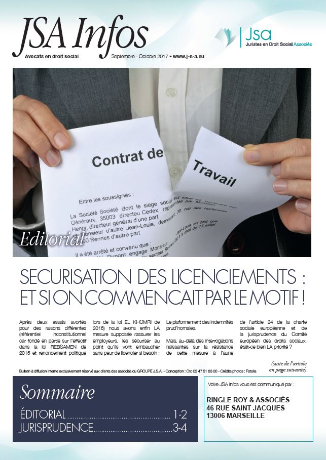 JSA Infos - Septembre / Octobre 2017 - Sécurisation des licenciements : et si on commençait par le motif !