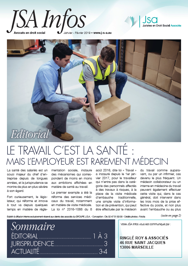 JSA Infos - Janvier / Février 2019 - Le travail c'est la santé : mais l'employeur est rarement médecin